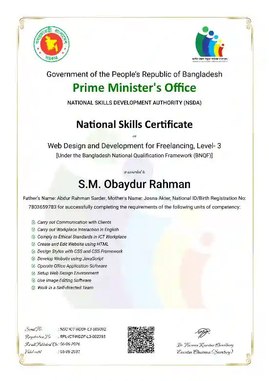 National Skills Certificate — Web Design and Development for Freelancing, Level-3